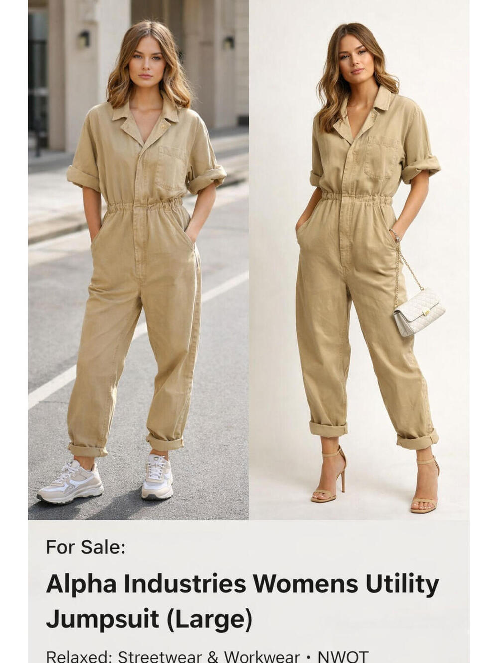 Alpha Industries Womens Utility Jumpsuit Large Khaki Oversized Workwear Streetwe